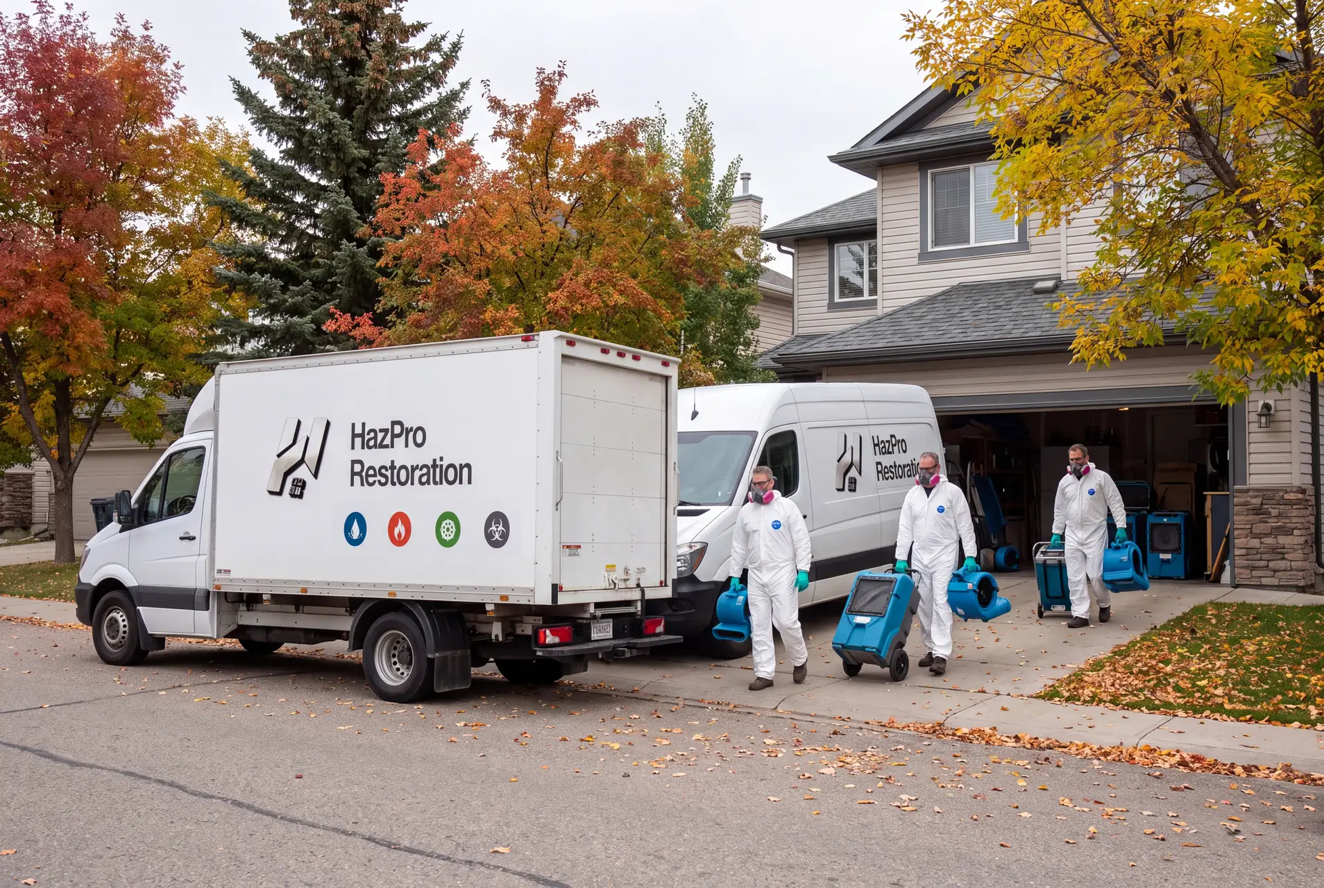HazPro Restoration crew and trucks at a home
