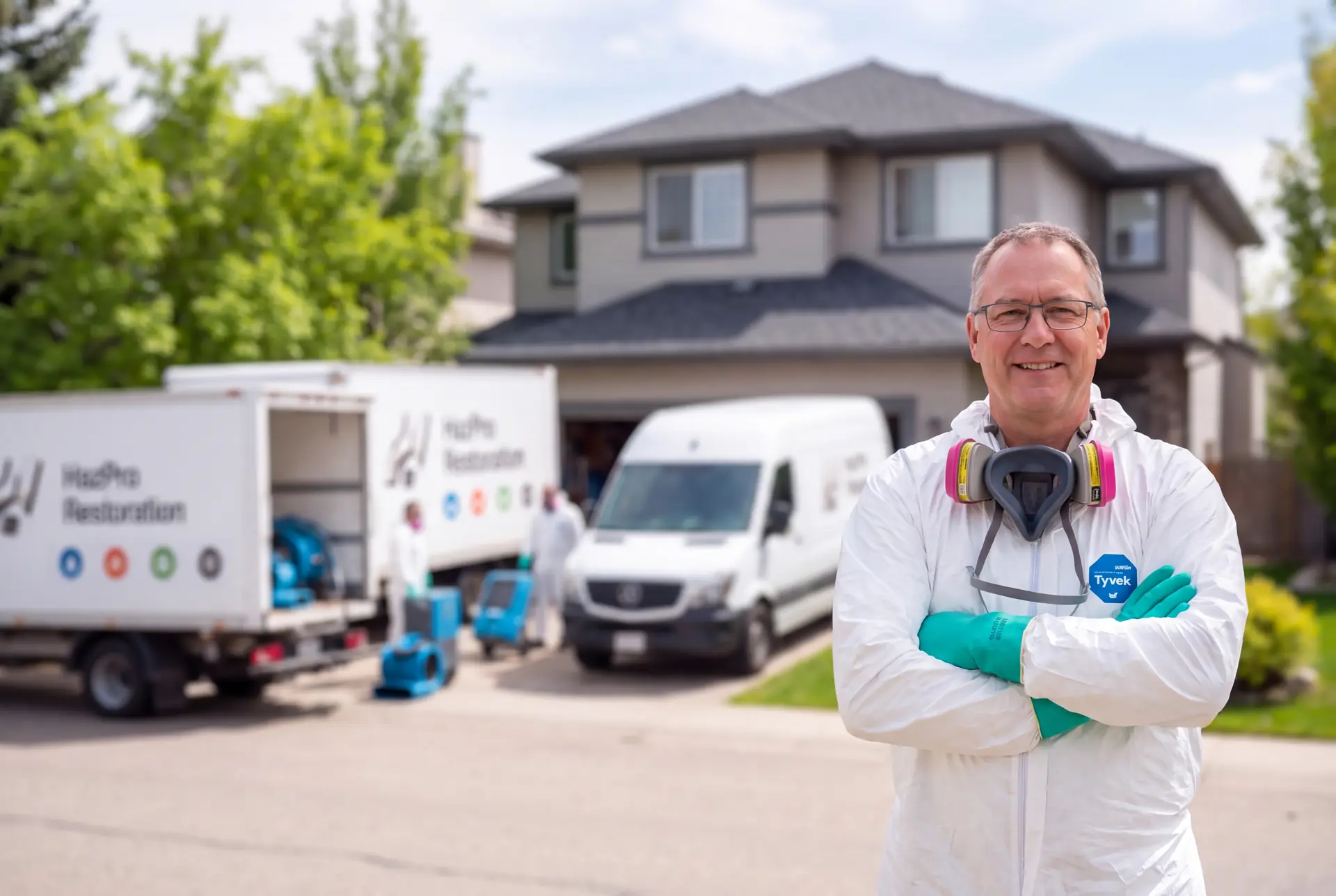 HazPro Restoration technician in protective gear outside a home, with company vans and drying equipment